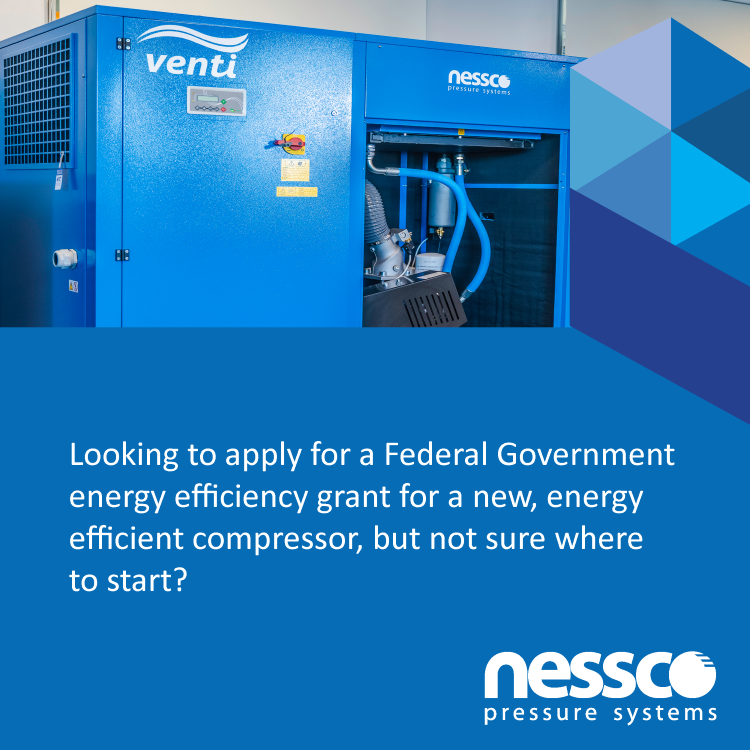 Blue tile with an image of a compressor and text whcih reads: Looking to apply for a Federal Government energy efficiency grant for a new energy efficient compressor, but not sure where to start?