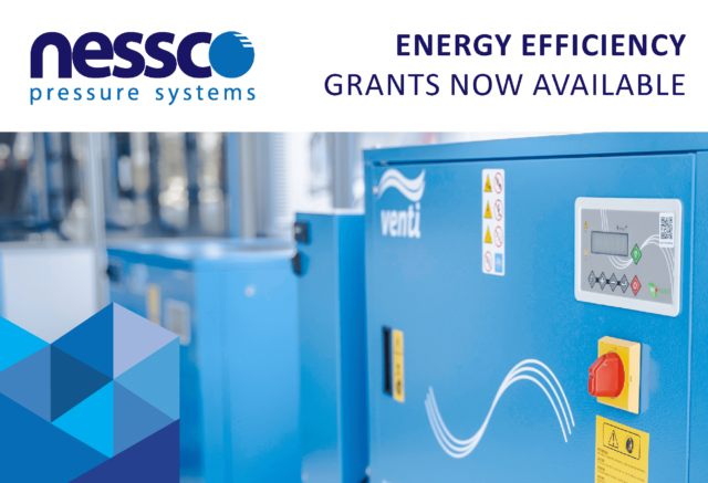 Tile with image of a blue compressor and the words: Energy Efficiency Grants Now Available