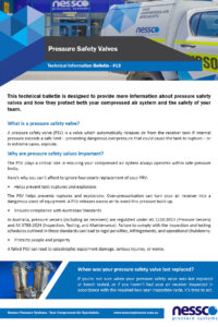 Technical bulletin about pressure safety valve (PSV) which automatically releases air from the receiver tank if internal pressure exceeds a safe limit – preventing dangerous overpressure that could cause the tank to rupture – or in extreme cases, explode.