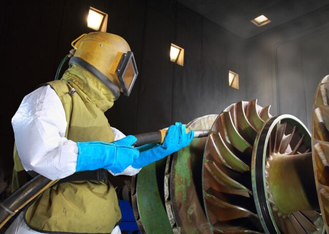 Abrasive blasting operator wearing protective equipment sandblasting a large metal industrial component using compressed air.
