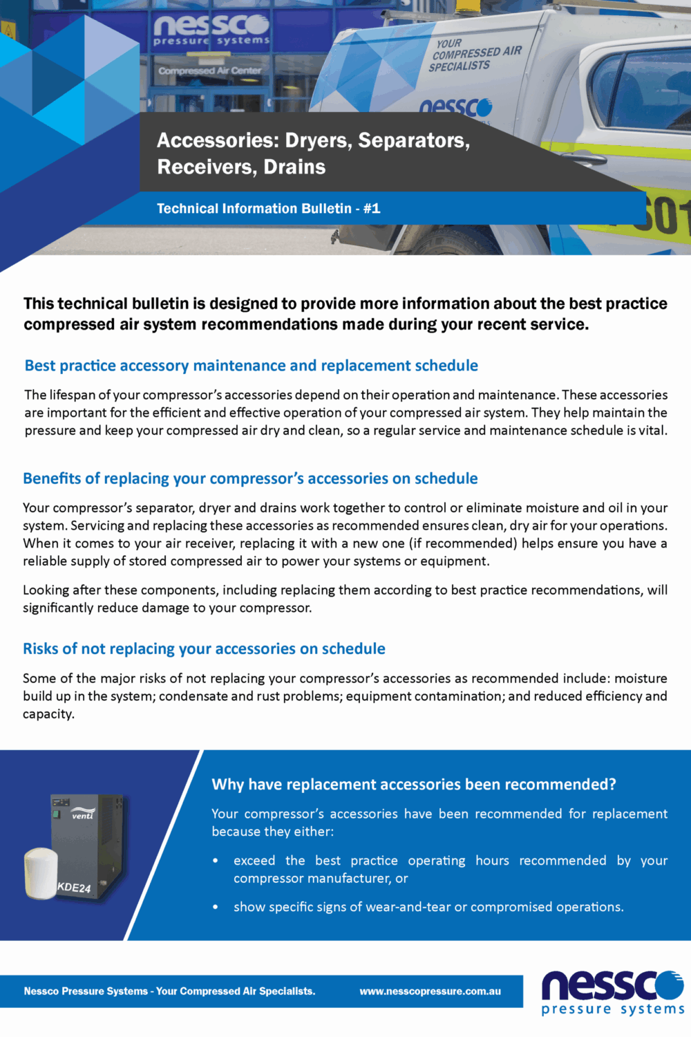 Technical-Bulletin-Compressor-Accessories-Nessco-Pressure Technical bulletin including facts about compressor dryers, separators, receivers and drains from Nessco Pressure in Perth.