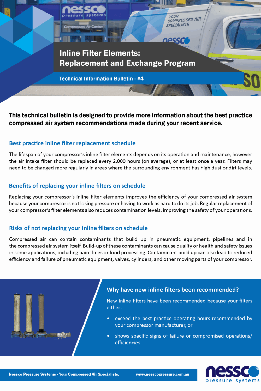 Technical-Bulletin-Compressor-Inline-Filters-Nessco-Pressure Technical bulletin including facts about compressor inline filter elements from Nessco Pressure in Perth.