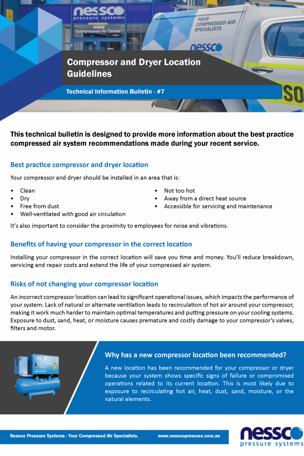 Technical-Bulletin-Compressor-Location-Nessco-Pressure Technical bulletin including facts about the best location for your compressor and installation guidelines from Nessco Pressure in Perth.