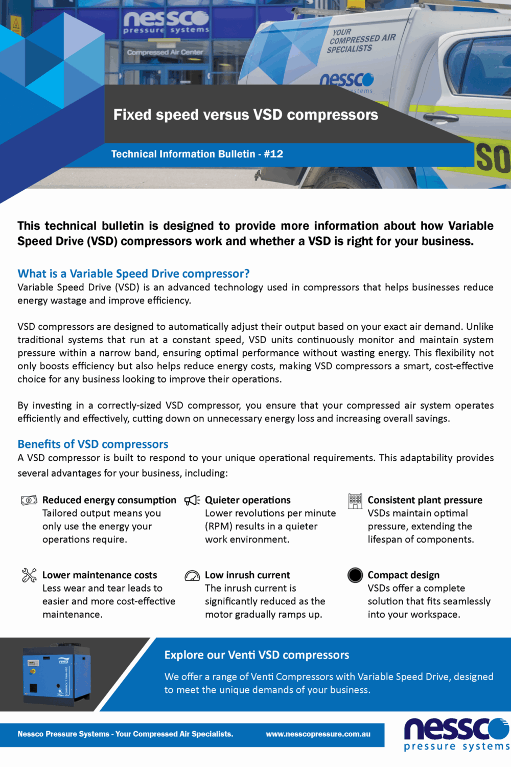 Technical-Bulletin-Stop-Start-vs-VSD-Compressors-Nessco-Pressure Technical bulletin including facts about fixed speed verses variable speed drive compressors from Nessco Pressure in Perth.